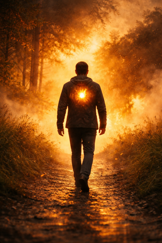 A man walking forward on a glowing path with a bright flame in his chest, symbolizing inner transformation and ignition